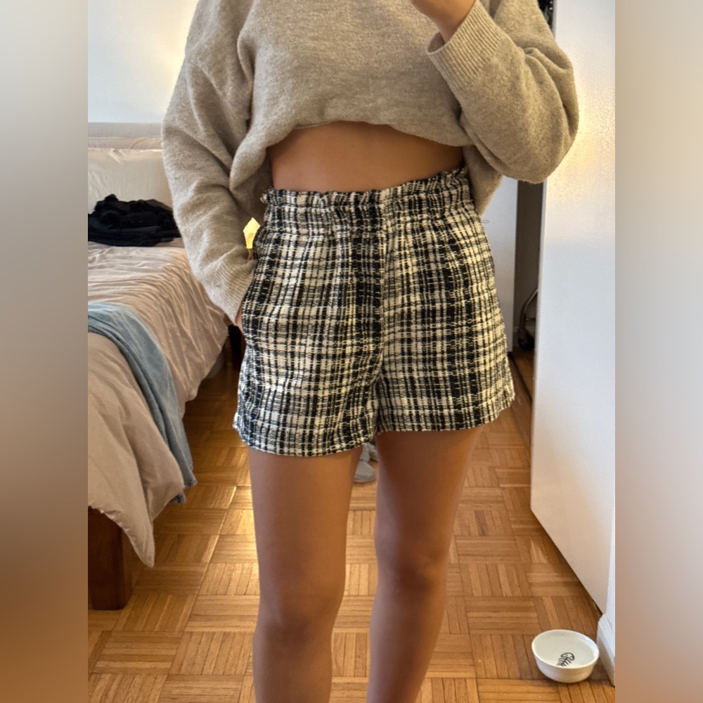 Zara High Waist Black and White Checkered Shorts